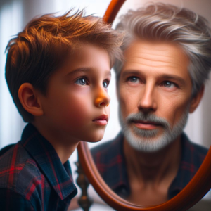 A young boy looking in the mirror at himself as an older man.