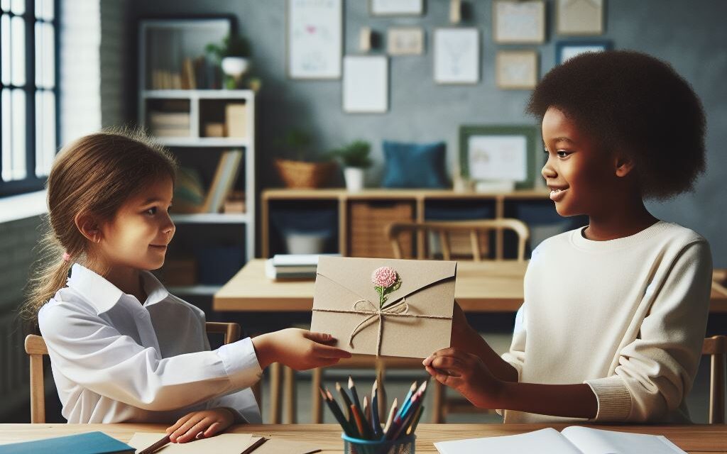 Two classmates exchange a greeting card