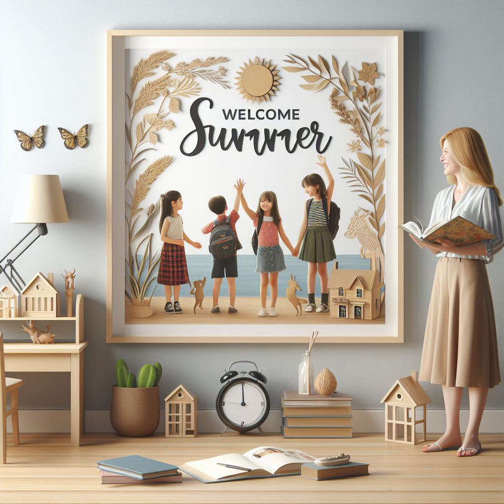 A teacher in a modern homeschool classroom looks at a sign that shows happy children and says "Welcome Summer!"