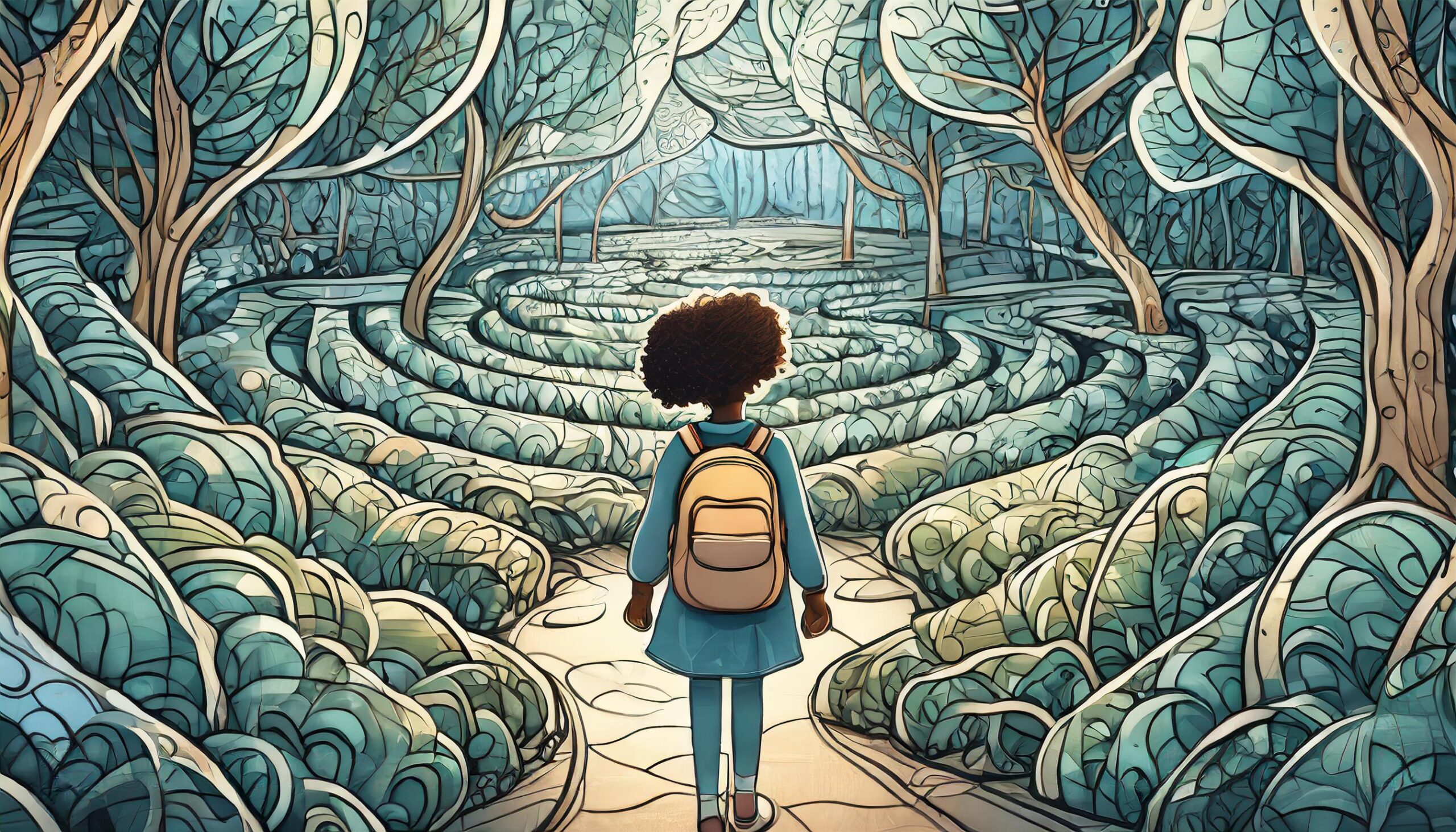 Image of a girl standing at the entrance of a labyrinth formed by trees and plants, symbolizing the journey of mindfulness amidst nature's beauty.